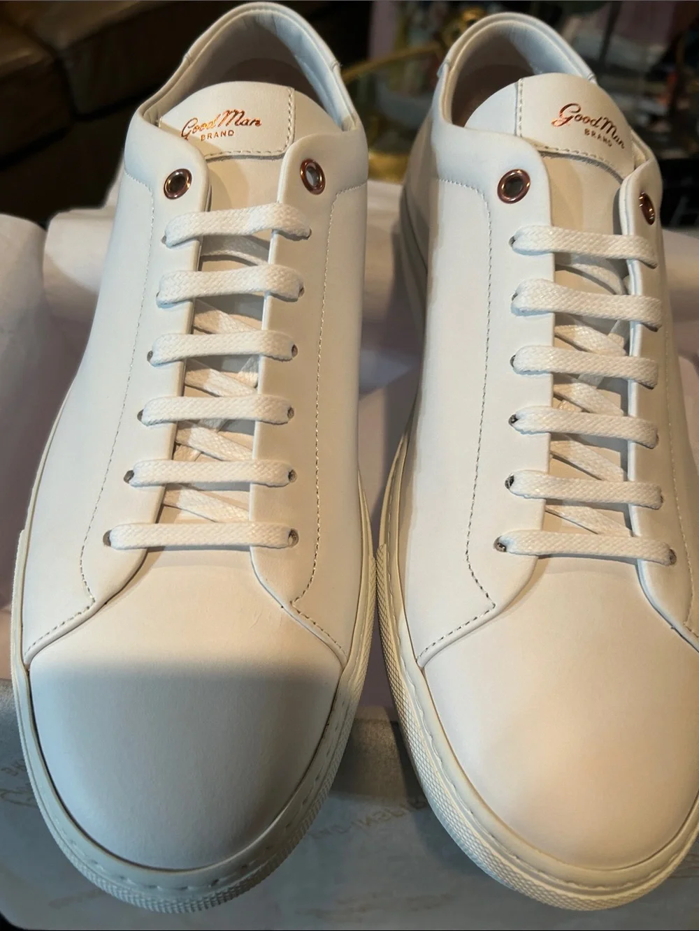 Good Man Brand White Low-Top Sneakers with Rose Gold Eyelets